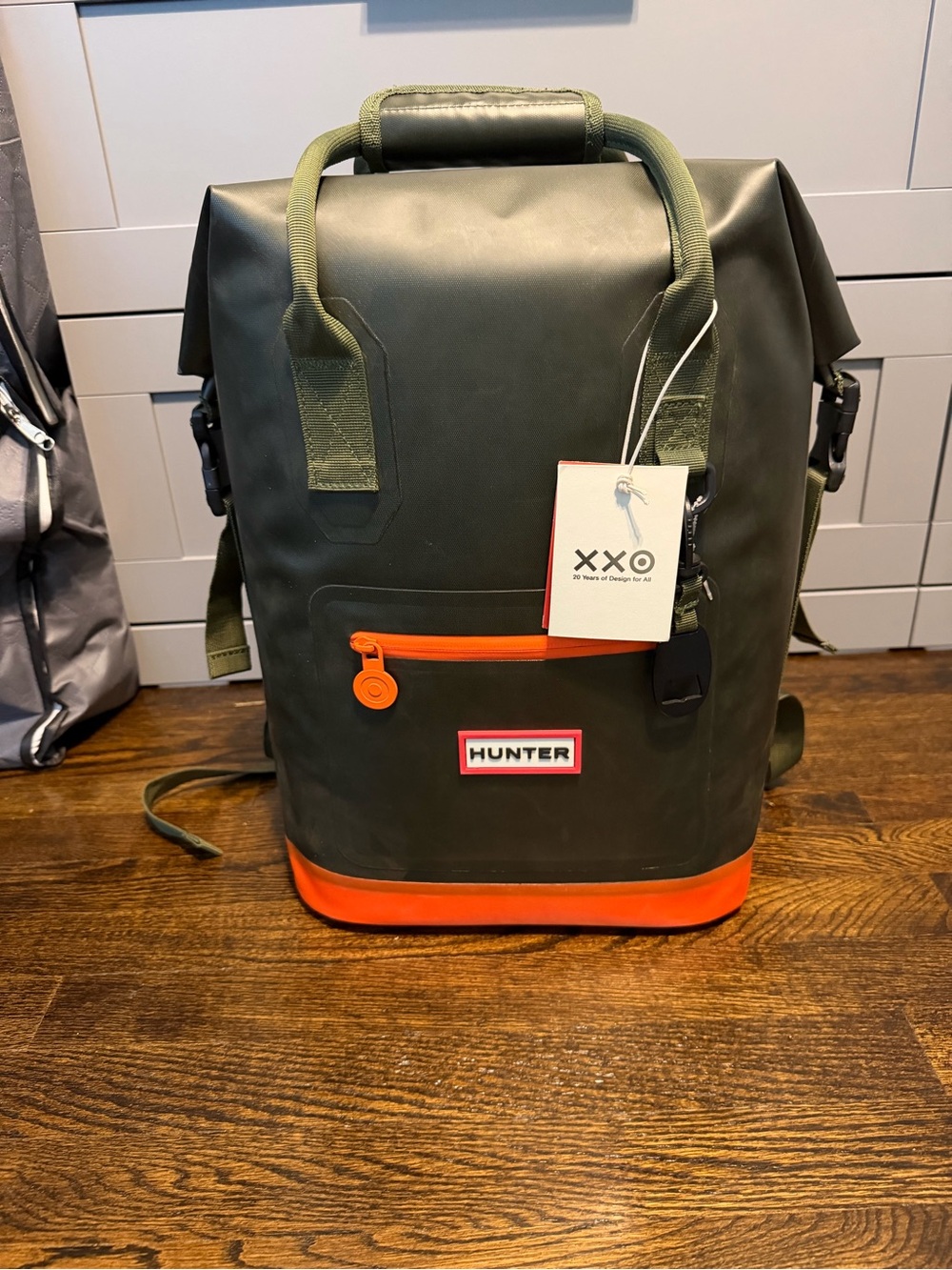 Hunter Olive Green Roll-Top Backpack with Orange Accent